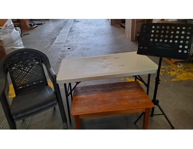 Assorted lot of chairs, tables and music stand

...