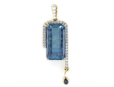 14K YELLOW GOLD, AQUAMARINE, SAPPHIRE AND DIAMOND,...