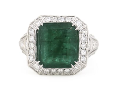 14K WHITE GOLD, EMERALD AND DIAMOND, COCKTAIL RING...