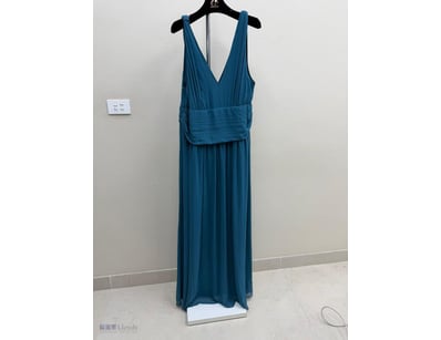 TEAL PLEATED EVENING GOWN WITH RUCHED WAIST DETAIL...