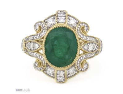 14K YELLOW GOLD, EMERALD AND DIAMOND, ANTIQUE INSP...