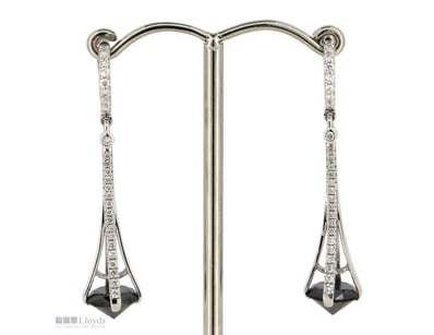 14K WHITE GOLD, BLACK DIAMOND AND DIAMOND, DROP EA...