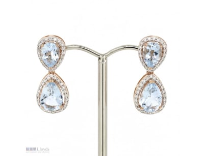 14K ROSE GOLD, AQUAMARINE AND DIAMOND, DOUBLE DROP...