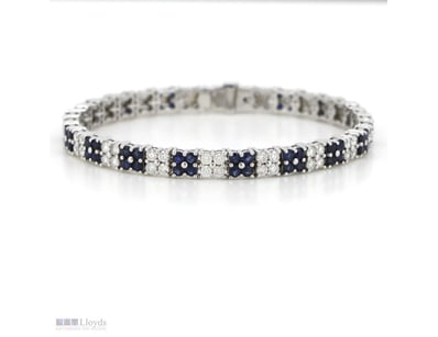 14K WHITE GOLD, BLUE SAPPHIRE AND DIAMOND, CHECKER...