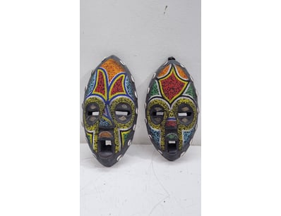 PAIR OF WEST AFRICAN BEADED TRIBAL MASKS WITH SHEL...