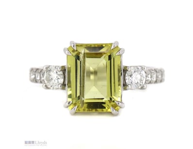 14K WHITE GOLD, HELIODOR AND DIAMOND, DRESS RING. ...