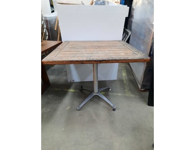 Square table, timber style, brown finish.

Dimen...