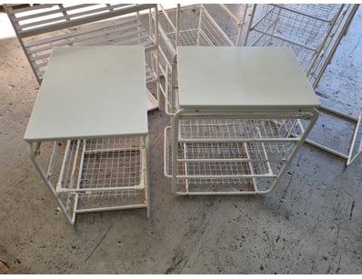 Bulk lot of white metal utility tables with integr...