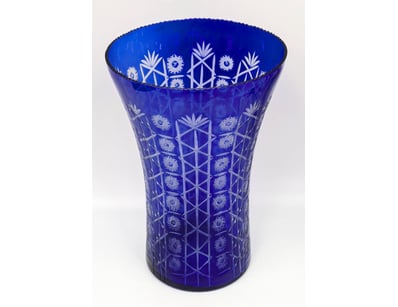 VINTAGE BOHEMIAN-STYLE COBALT BLUE CUT TO CLEAR LE...