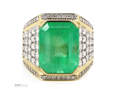 14K YELLOW GOLD, 10.86CT COLOMBIAN EMERALD AND DIA...