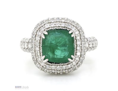 14K WHITE GOLD, EMERALD AND DIAMOND, CLUSTER HALO ...