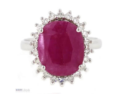 14K WHITE GOLD, RUBY AND DIAMOND, HALO RING.      ...