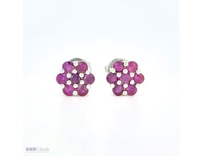 9CT WHITE GOLD CEYLON RUBY FLORAL STUD EARRINGS   ...