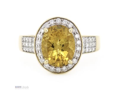 14K YELLOW GOLD, HELIODOR AND DIAMOND, HALO RING. ...