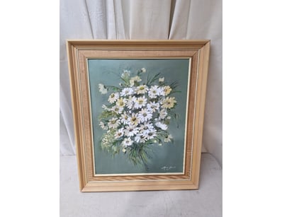 Oil On Canvas Painting Featuring A Bouquet Of Flow...