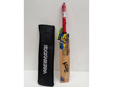 Kookaburra cricket bat featuring yellow and blue g...