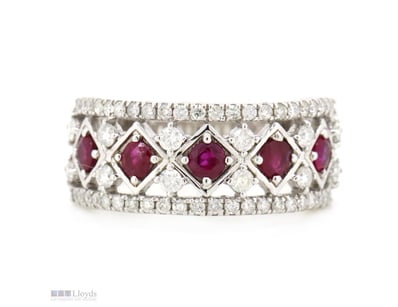 14K WHITE GOLD, RUBY AND DIAMOND, MULTI-ROW STATEM...