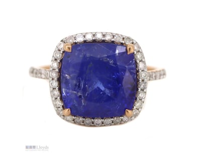 14K ROSE GOLD, 6.60CT TANZANITE AND DIAMOND, HALO ...