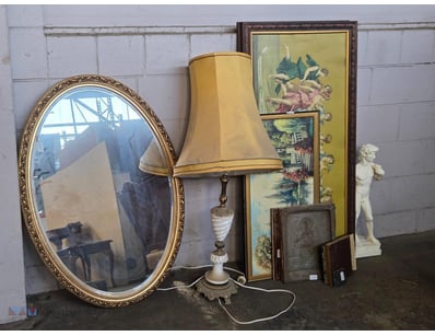Homewares, including oval mirror, framed prints, t...