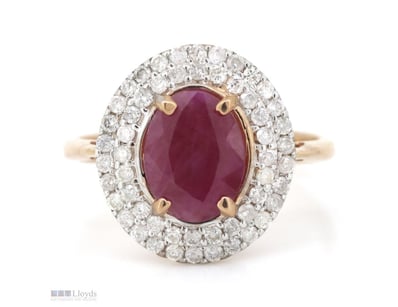 14K ROSE GOLD, RUBY AND DIAMOND, DOUBLE HALO RING....