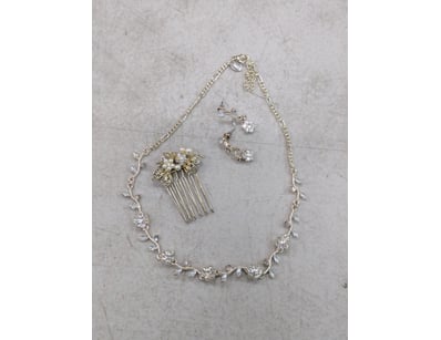 Necklace, earring and hairpin set, silver coloured...