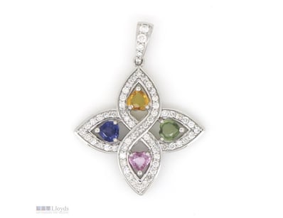 14K WHITE GOLD, MULTI-COLOURED SAPPHIRE AND DIAMON...