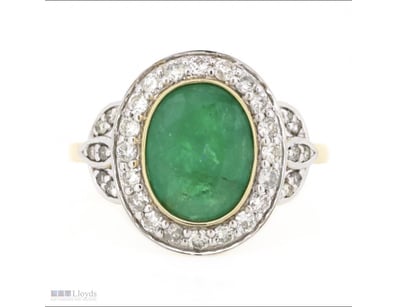 14K YELLOW GOLD, EMERALD AND DIAMOND, HALO RING.  ...