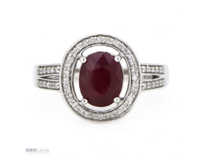14K WHITE GOLD, RUBY AND DIAMOND, HALO SPLIT BAND ...