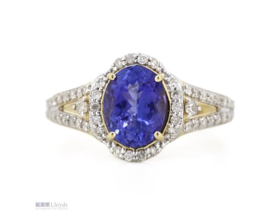 14K YELLOW GOLD, TANZANITE AND DIAMOND, HALO SPLIT...