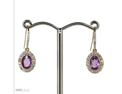 14K YELLOW GOLD, PINK SAPPHIRE AND DIAMOND, HALO D...