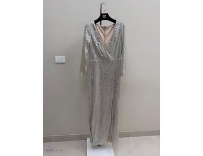 SILVER SEQUINED EVENING GOWN WITH LONG SLEEVES

It...