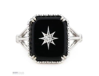 14K WHITE GOLD, BLACK ONYX AND DIAMOND, ART DECO I...