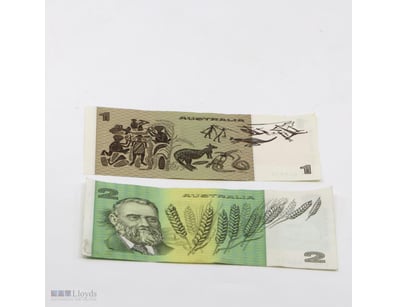 1X ONE DOLLAR AND 1X  TWO DOLLAR AUSTRALIA PAPER N...