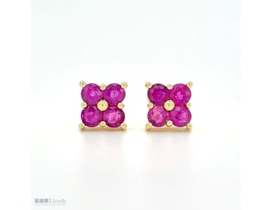 9CT YELLOW GOLD CEYLON RUBY FLORAL STUD EARRINGS  ...