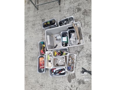 Assortment of hand tools, pressure gauges, fitting...