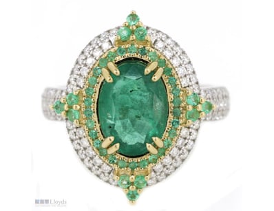 14K WHITE/YELLOW GOLD, EMERALD AND DIAMOND, HALO C...