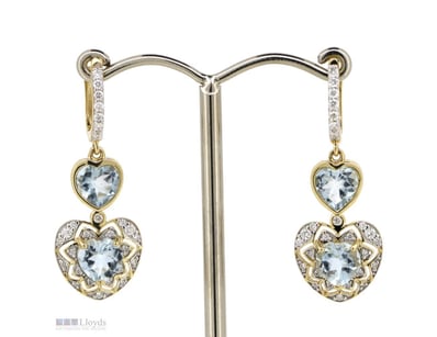 14K YELLOW GOLD, AQUAMARINE AND DIAMOND, DROP EARR...