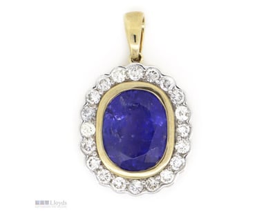 14K YELLOW GOLD, TANZANITE AND DIAMOND, HALO PENDA...