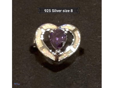 925 SILVER WHITE CREATED OPAL AMETHYST HEART RING ...