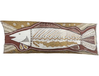 ABORIGINAL BARK PAINTING - FISH DESIGN WITH CANOE...