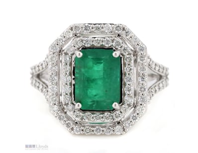 14K WHITE GOLD, EMERALD AND DIAMOND, DOUBLE HALO S...