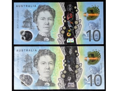 TWO 2017 FIRST AND LAST PREFIX TEN DOLLAR BANKNOTE...
