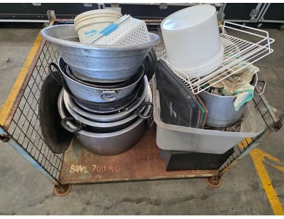 Assorted lot of catering items including large pot...