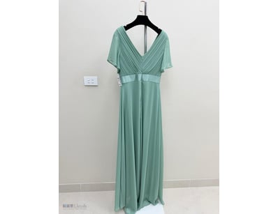 SAGE GREEN PLEATED BODICE EVENING GOWN WITH FLUTTE...