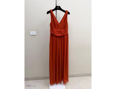 RUST-RED PLEATED EVENING GOWN WITH RUCHED WAISTBAN...