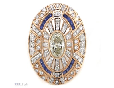 14K ROSE GOLD, BLUE SAPPHIRE AND DIAMOND, ART DECO...