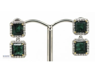 14CT WHITE GOLD, EMERALD AND DIAMOND, HALO DROP EA...