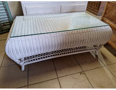 Coffee Table With Glass Top, Rattan Style, White F...