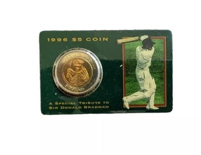 BRADMAN 5 DOLLAR BI METAL COIN ON CARD OF ISSUE 19...