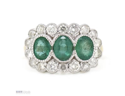 14K YELLOW/WHITE GOLD, EMERALD AND DIAMOND, HALO T...